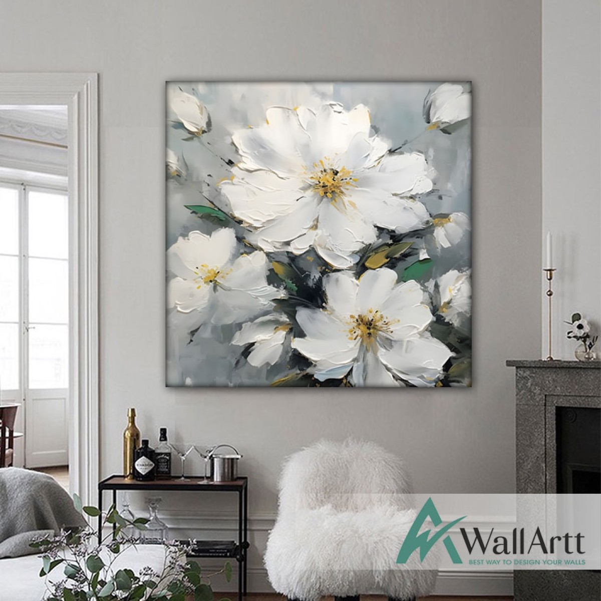 Abstract White Flowers III 3d Heavy Textured Partial Oil Painting